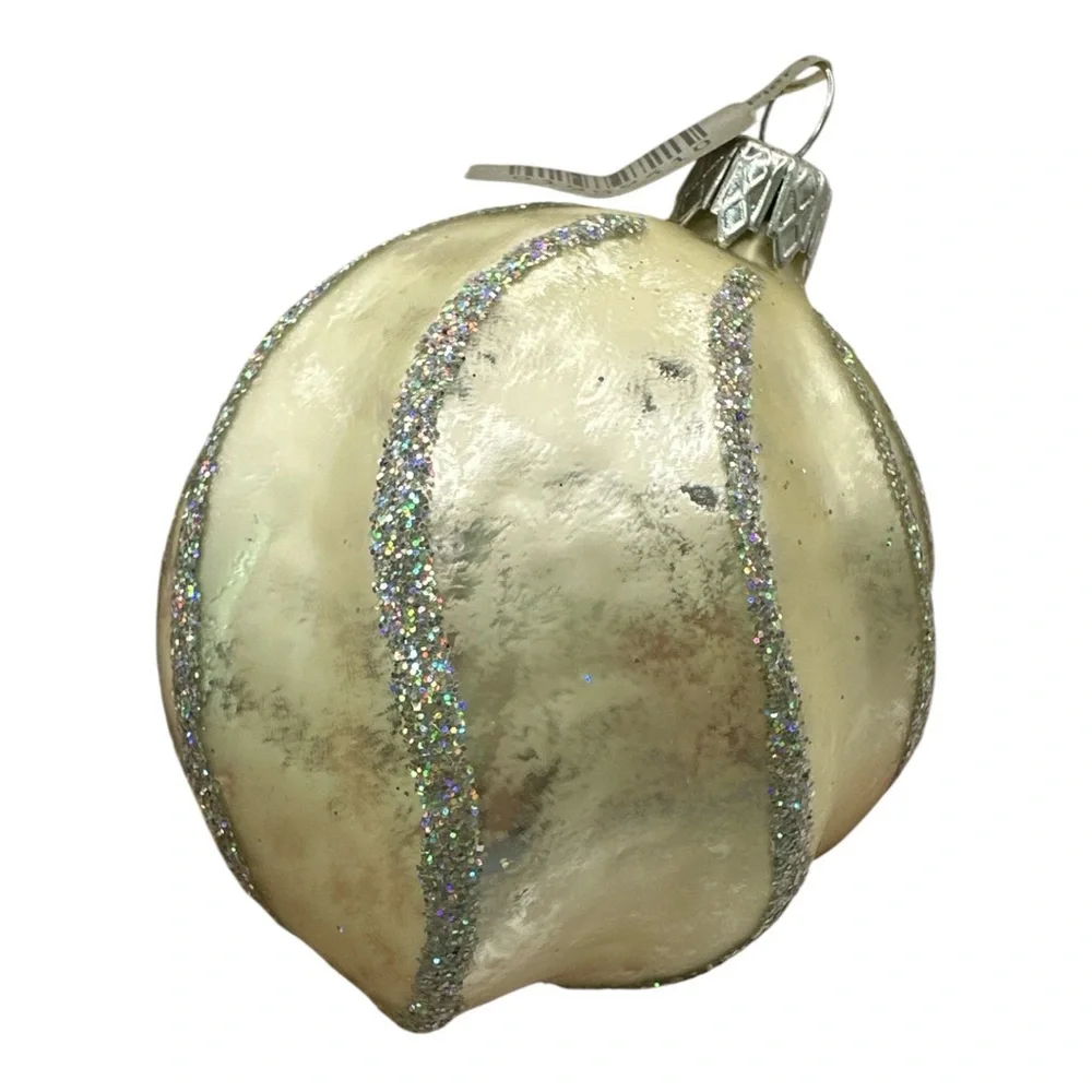 Vintage Hand Blown Glass Cream Glitter Swirl Round Ornaments NWT Set Of 5